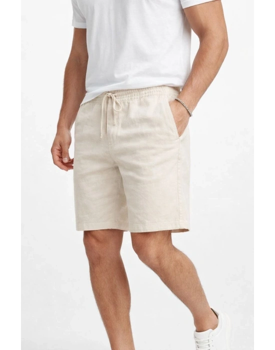 Erkek Keten Kumaş Cepli Rahat Kesim Bel Lastikli Şort - Krem