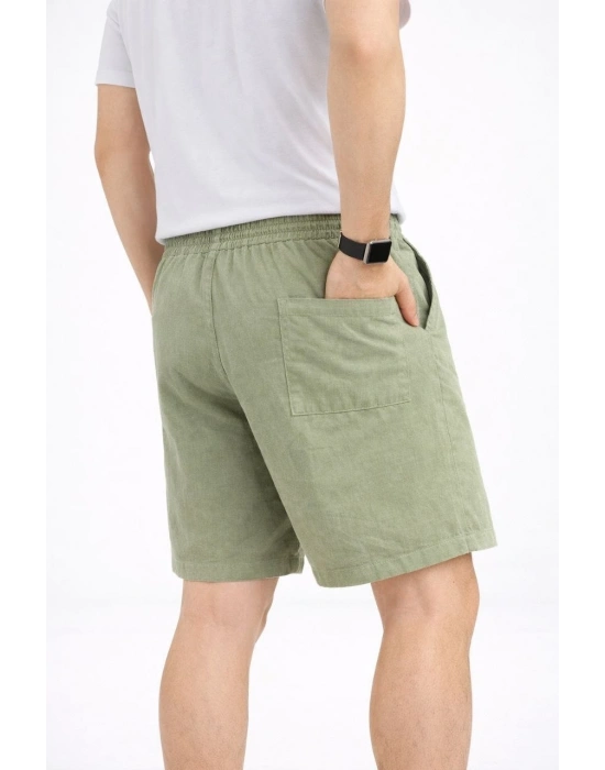Erkek Keten Kumaş Cepli Rahat Kesim Bel Lastikli Şort - Mint Yeşili