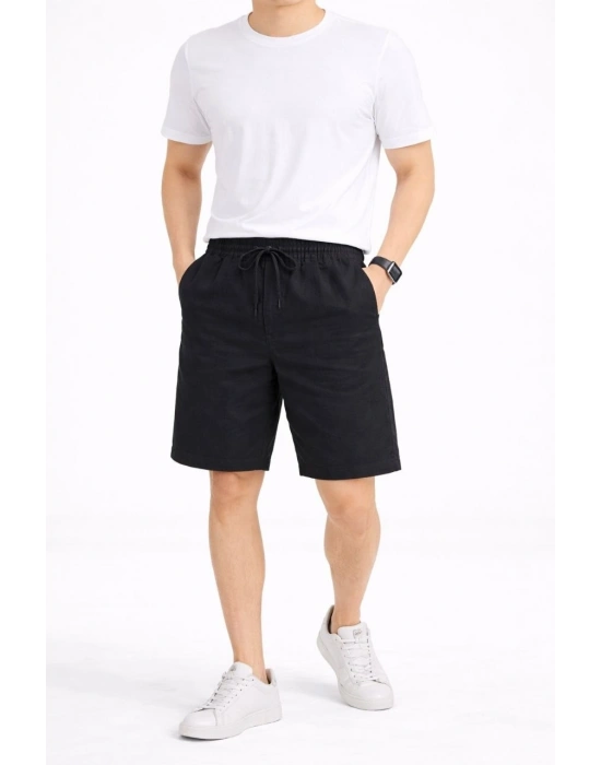 Erkek Keten Kumaş Cepli Rahat Kesim Bel Lastikli Şort - Siyah