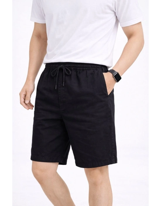 Erkek Keten Kumaş Cepli Rahat Kesim Bel Lastikli Şort - Siyah