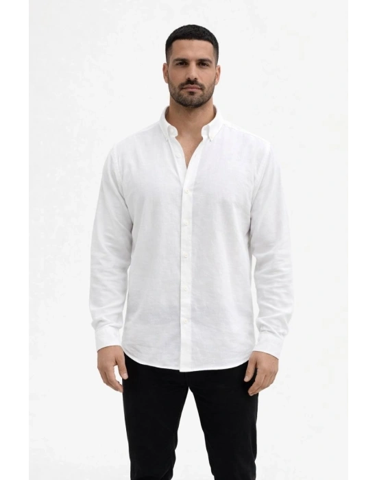 Erkek KETEN Kumaş Oversize Uzun Kollu Rahat Kalıp Gömlek - Beyaz