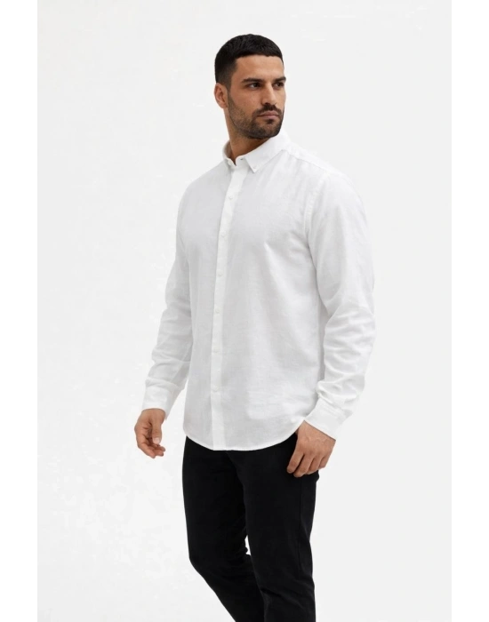 Erkek KETEN Kumaş Oversize Uzun Kollu Rahat Kalıp Gömlek - Beyaz