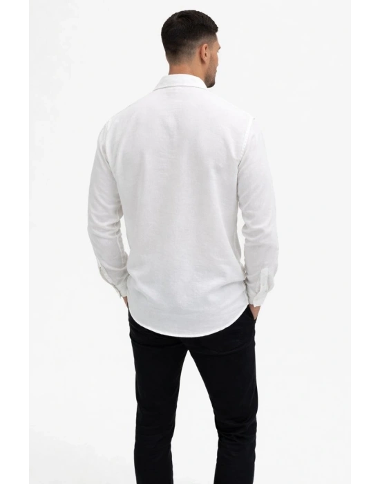 Erkek KETEN Kumaş Oversize Uzun Kollu Rahat Kalıp Gömlek - Beyaz