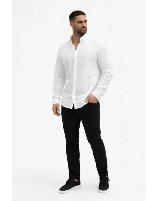 Erkek KETEN Kumaş Oversize Uzun Kollu Rahat Kalıp Gömlek - Beyaz