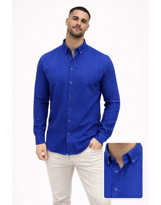 Erkek KETEN Kumaş Oversize Uzun Kollu Rahat Kalıp Gömlek - Saks Mavisi