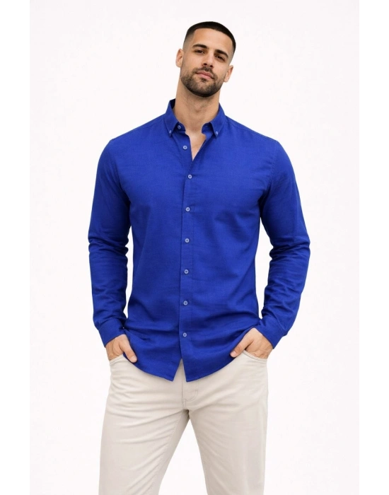 Erkek KETEN Kumaş Oversize Uzun Kollu Rahat Kalıp Gömlek - Saks Mavisi
