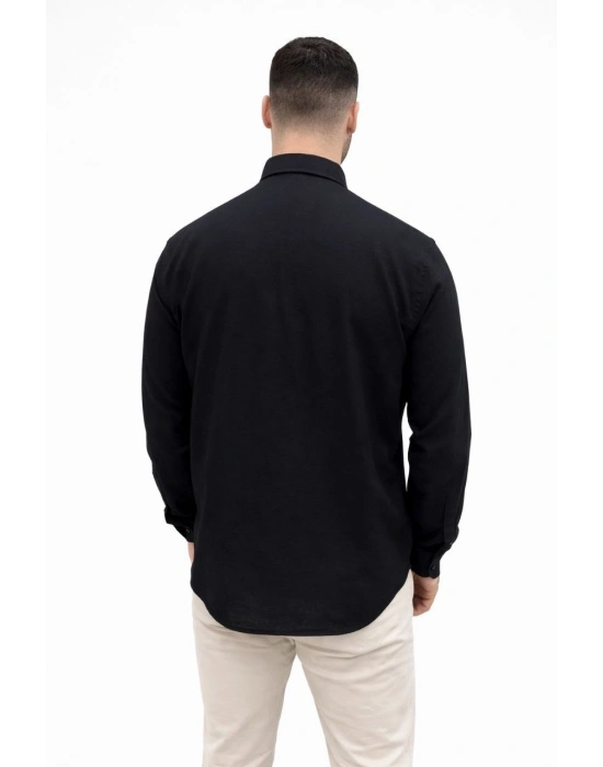 Erkek KETEN Kumaş Oversize Uzun Kollu Rahat Kalıp Gömlek - Siyah