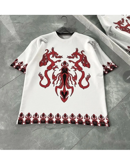 Erkek  Kısa kol Bisiklet Yaka Baskılı Oversize T-Shirt - Beyaz