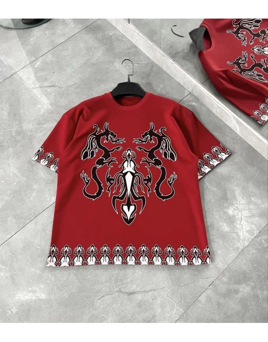 Erkek  Kısa kol Bisiklet Yaka Baskılı Oversize T-Shirt - Kırmızı