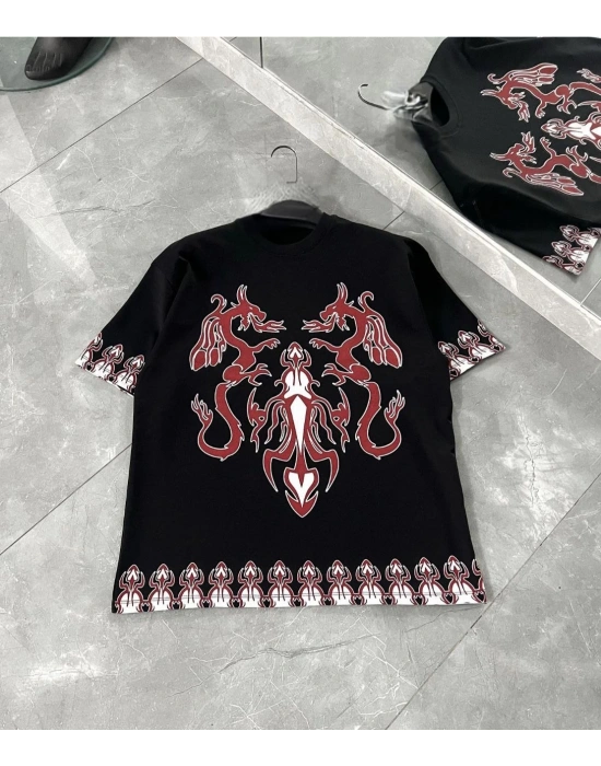 Erkek  Kısa kol  Bisiklet Yaka Baskılı Oversize T-Shirt - Siyah