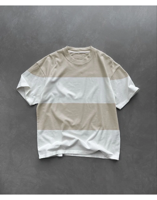 Erkek  Kısa kol  Bisiklet Yaka Parçalı T-Shirt - Bej