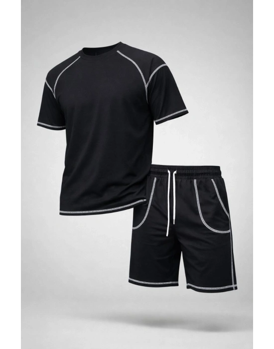Erkek Kısa Kol Oversize Kalıp Tişört Şort ikili Takım Kontrast Dikişli - Siyah
