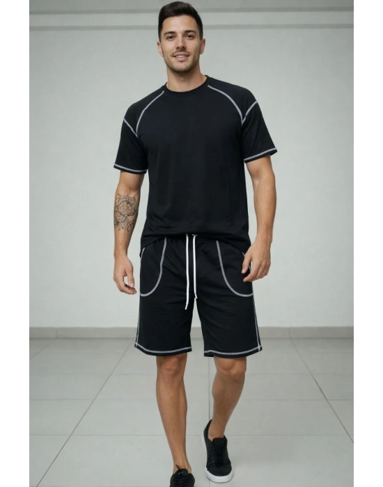 Erkek Kısa Kol Oversize Kalıp Tişört Şort ikili Takım Kontrast Dikişli - Siyah