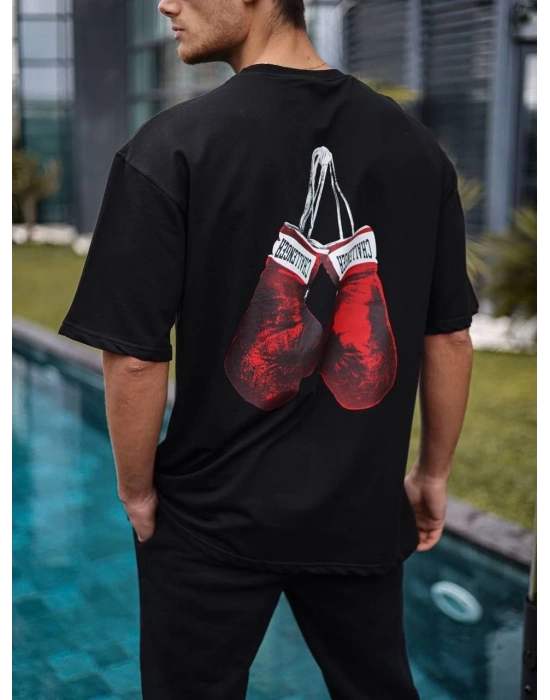 Erkek Kısa Kol Tişört Bisiklet Yaka Box Eldiven Baskılı T-Shirt -  Siyah