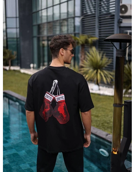 Erkek Kısa Kol Tişört Bisiklet Yaka Box Eldiven Baskılı T-Shirt -  Siyah