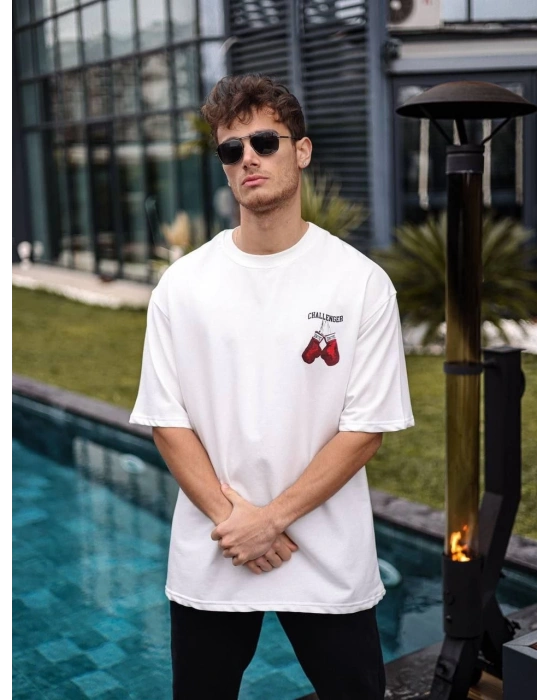 Erkek Kısa Kol Tişört Bisiklet Yaka Boxy Eldiven Baskılı T-Shirt - Beyaz