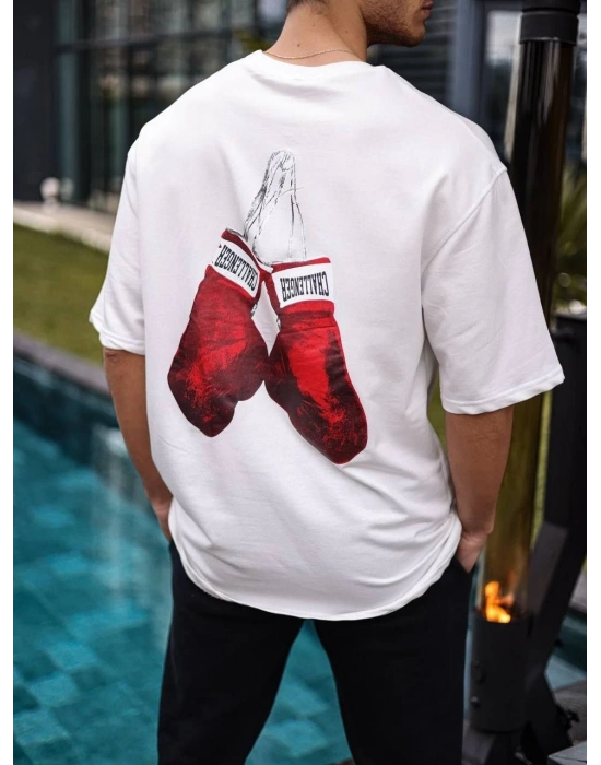 Erkek Kısa Kol Tişört Bisiklet Yaka Boxy Eldiven Baskılı T-Shirt - Beyaz