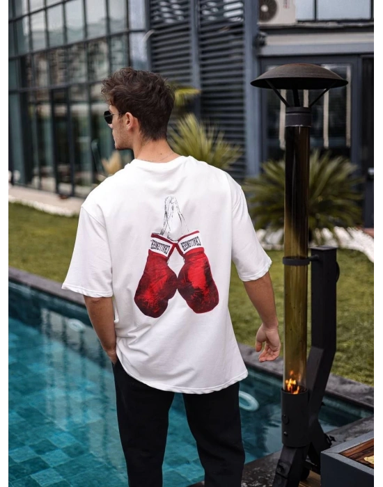 Erkek Kısa Kol Tişört Bisiklet Yaka Boxy Eldiven Baskılı T-Shirt - Beyaz