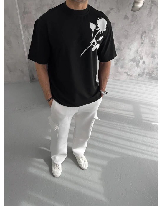 Erkek Kısa Kol Tişört Bisiklet Yaka GÜL Baskılı Oversize T-Shirt - Siyah