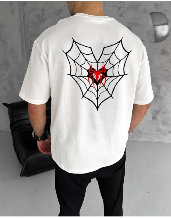 Erkek Kısa Kol Tişört Bisiklet Yaka ÖRÜMCEK Baskılı Oversize T-Shirt - Beyaz