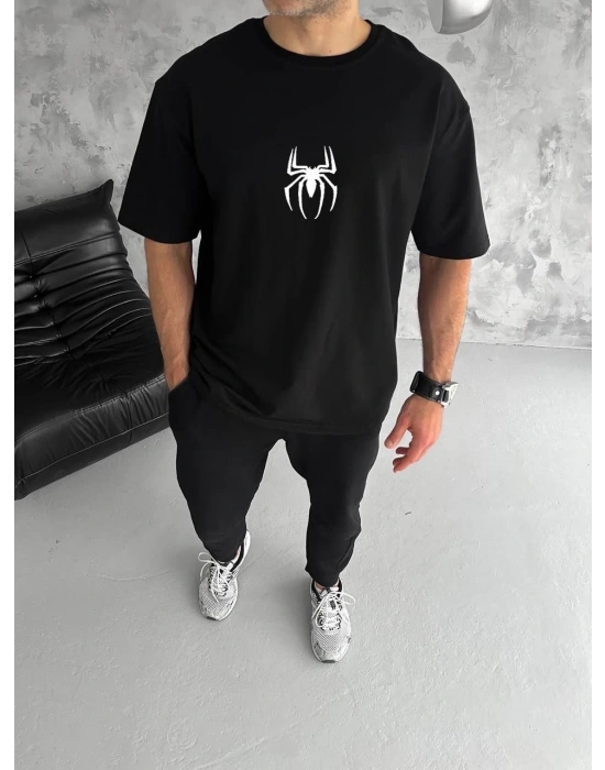 Erkek Kısa Kol Tişört Bisiklet Yaka ÖRÜMCEK Baskılı Oversize T-Shirt - Siyah