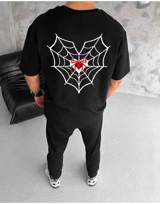 Erkek Kısa Kol Tişört Bisiklet Yaka ÖRÜMCEK Baskılı Oversize T-Shirt - Siyah