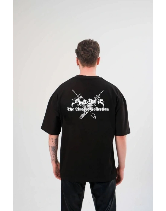 Erkek Kısa Kol Tişört Bisiklet Yaka YONCA Baskılı Oversize T-Shirt - Siyah