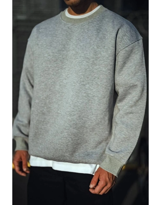 Erkek Kışlık Bisiklet Yaka 3 İplik Basic SweatShirt - Gri