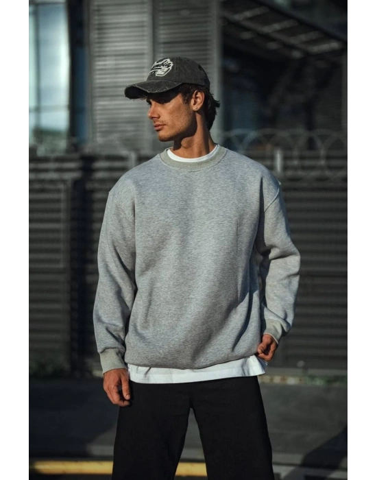 Erkek Kışlık Bisiklet Yaka 3 İplik Basic SweatShirt - Gri