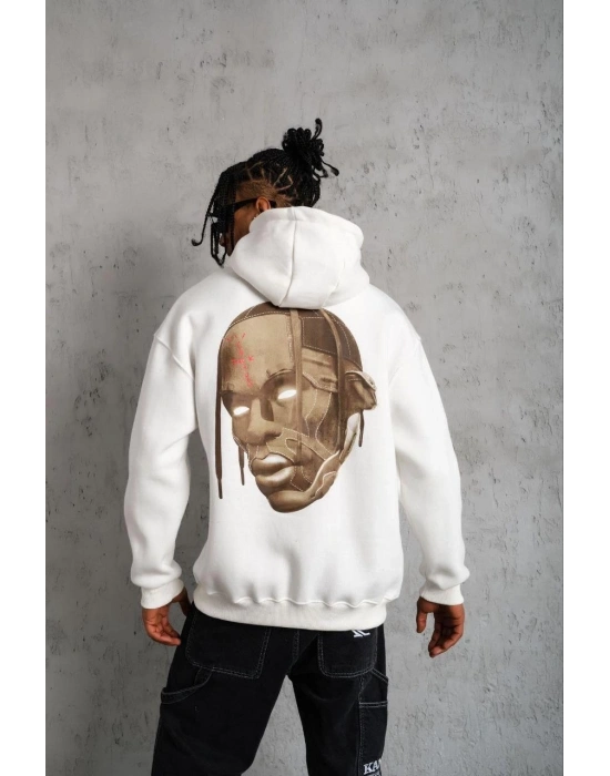 Erkek Kordonlu Arka Maske Kordon Saçlı Kapüşonlu sweatshirt hoodie - Beyaz