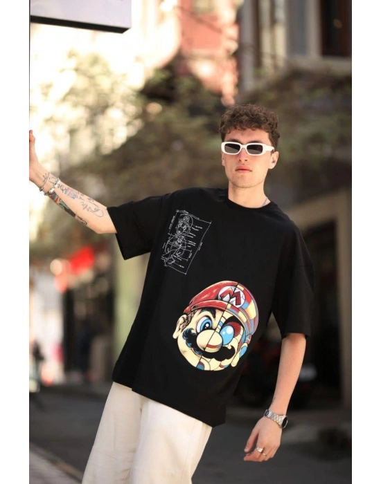 Erkek Mario Baskılı T-Shirt Oversize Kısa kol Bisiklet yaka tişort - Siyah