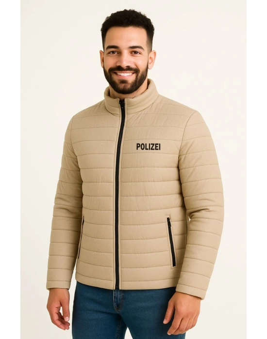 Erkek Mikro Su İtici Kapitone Baskılı Astarlı Fermuarlı Bomber Mont - Bej