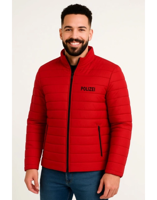 Erkek Mikro Su İtici Kapitone Baskılı Astarlı Fermuarlı Bomber Mont - Kırmızı