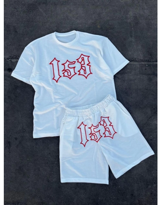 Erkek Nakış İşlemeli Şortlu Kısa kol Alt-Üst Takım - Beyaz