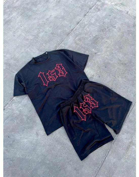 Erkek Nakış İşlemeli Şortlu Kısa kol Alt-Üst Takım - Siyah