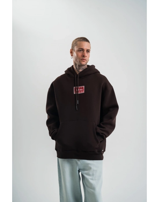 Erkek Nakışlı Kapüşonlu Oversize 3 İplik Pamuklu SweatShirt Hoodie - Siyah