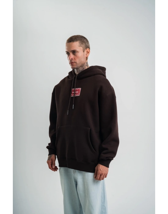 Erkek Nakışlı Kapüşonlu Oversize 3 İplik Pamuklu SweatShirt Hoodie - Siyah