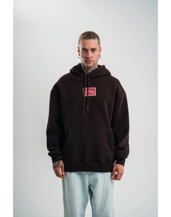 Erkek Nakışlı Kapüşonlu Oversize 3 İplik Pamuklu SweatShirt Hoodie - Siyah