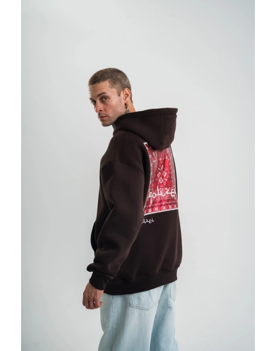 Erkek Nakışlı Kapüşonlu Oversize 3 İplik Pamuklu SweatShirt Hoodie - Siyah