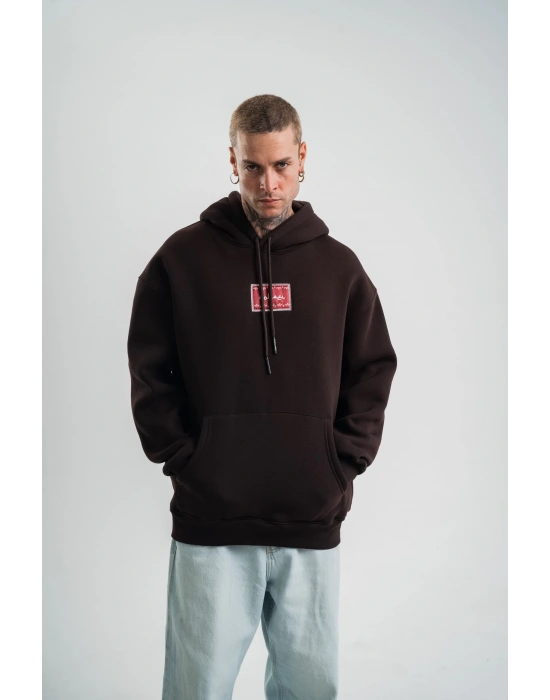 Erkek Nakışlı Kapüşonlu Oversize 3 İplik Pamuklu SweatShirt Hoodie - Siyah