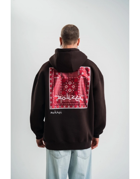 Erkek Nakışlı Kapüşonlu Oversize 3 İplik Pamuklu SweatShirt Hoodie - Siyah