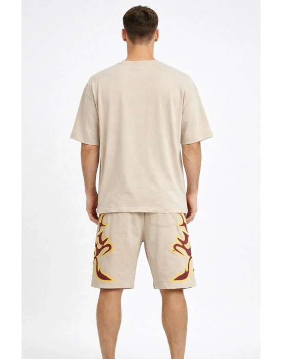 Erkek Oversize Baskılı Tişört Cepli Şort ikili Takım Kombin - Bej