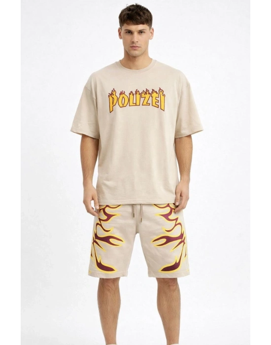 Erkek Oversize Baskılı Tişört Cepli Şort ikili Takım Kombin - Bej