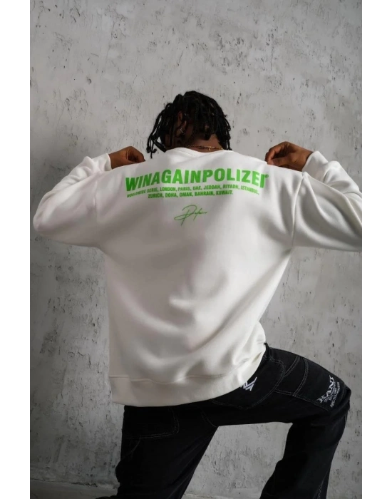 Erkek Oversize Sweatshirt Ön ve Sırt Baskılı 3 İplik Pamuklu - Beyaz