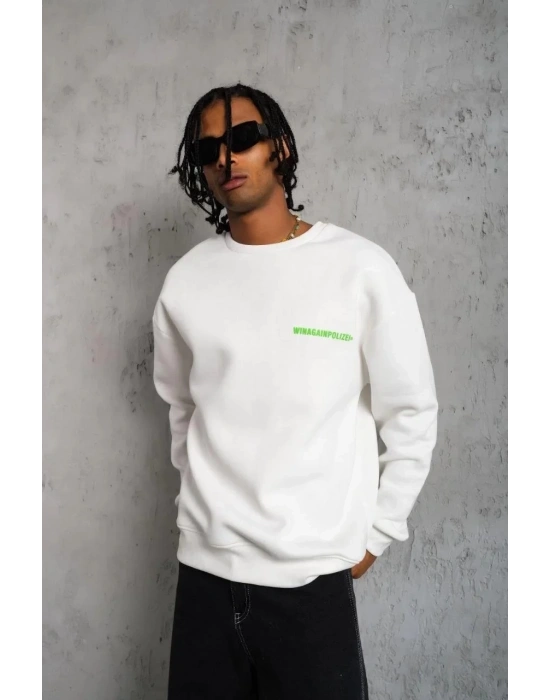 Erkek Oversize Sweatshirt Ön ve Sırt Baskılı 3 İplik Pamuklu - Beyaz