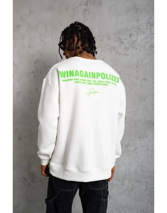 Erkek Oversize Sweatshirt Ön ve Sırt Baskılı 3 İplik Pamuklu - Beyaz
