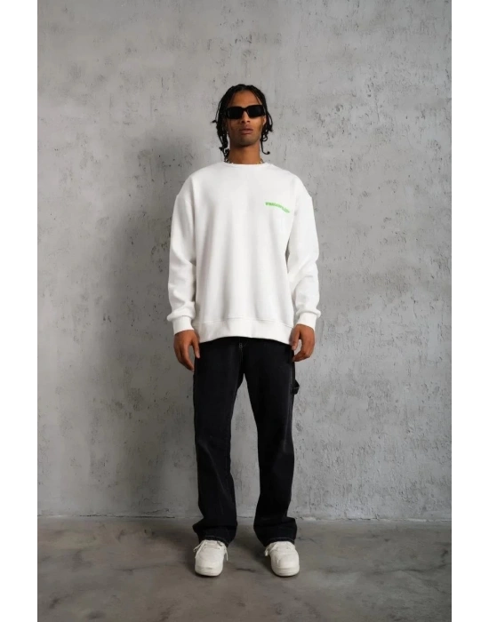 Erkek Oversize Sweatshirt Ön ve Sırt Baskılı 3 İplik Pamuklu - Beyaz