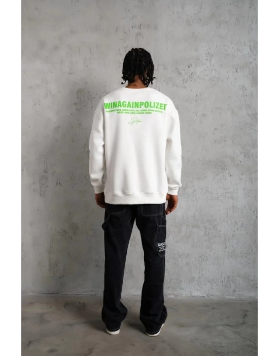 Erkek Oversize Sweatshirt Ön ve Sırt Baskılı 3 İplik Pamuklu - Beyaz