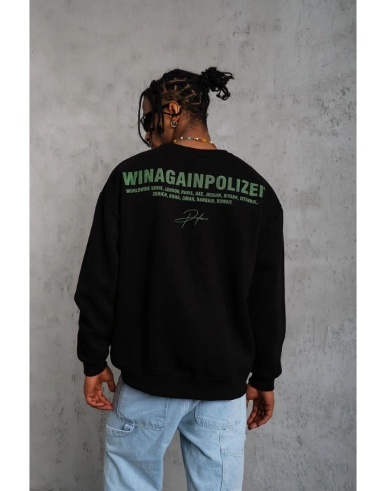 Erkek Oversize Sweatshirt Ön ve Sırt Baskılı 3 İplik Pamuklu - Siyah