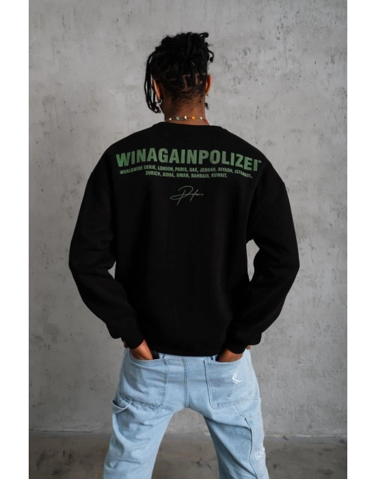 Erkek Oversize Sweatshirt Ön ve Sırt Baskılı 3 İplik Pamuklu - Siyah